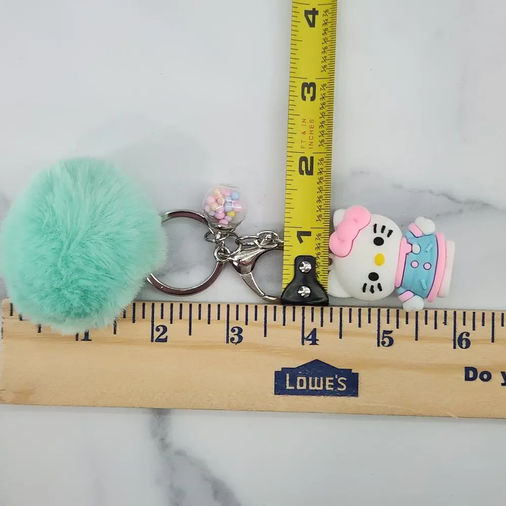 Hello Kitty 3D Figure Keychain puff ball & mini bead filled bubble Blue Dress